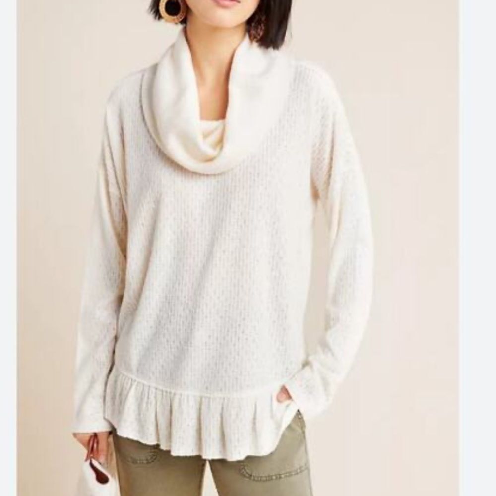 Anthropologie Maeve Ruffled Hacci Pullover Cowlneck Knit Top M